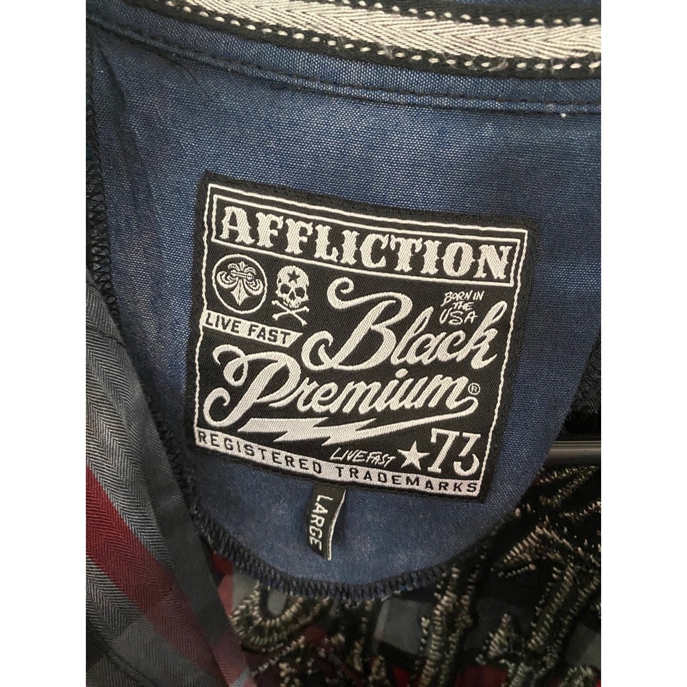 Affliction Button Down Men Large Red Grey Plaid Slim Black Premium Biker Shirt - Picture 3 of 10